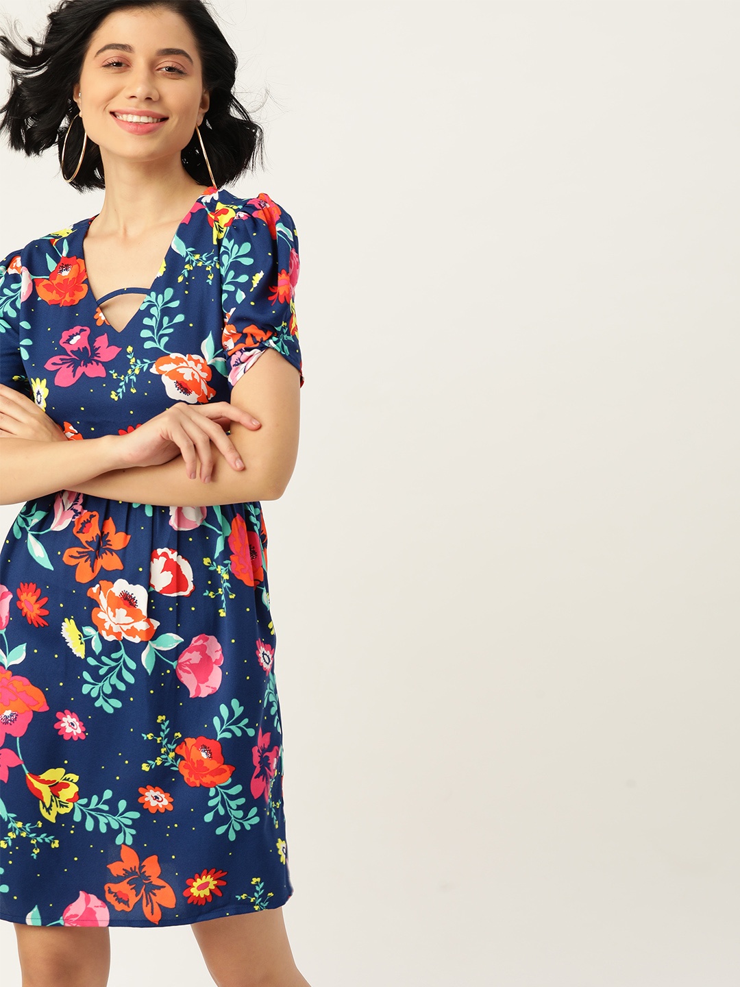 

DressBerry Women Navy Blue & Pink Printed A-Line Dress