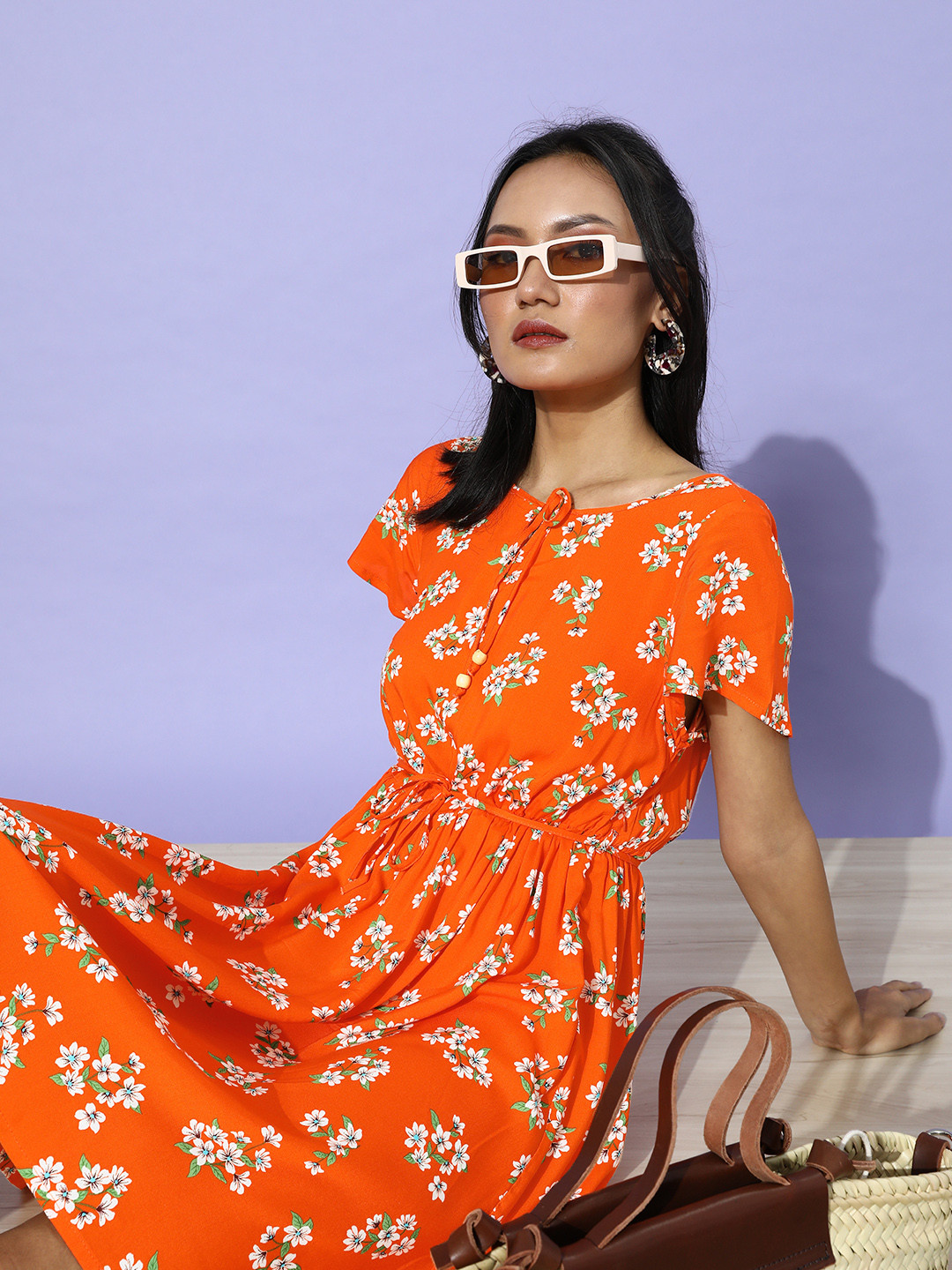 

DressBerry Women Bright Orange Floral Cinched Waist Dress