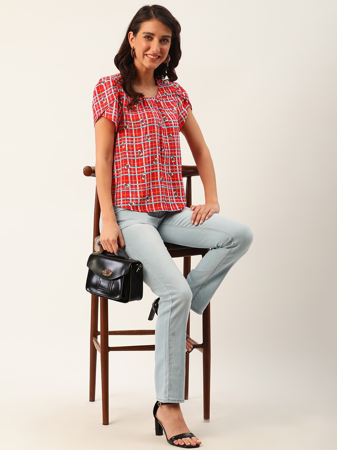 

DressBerry Red & Blue Sustainable ECOVERO Checked Puff Sleeves Top