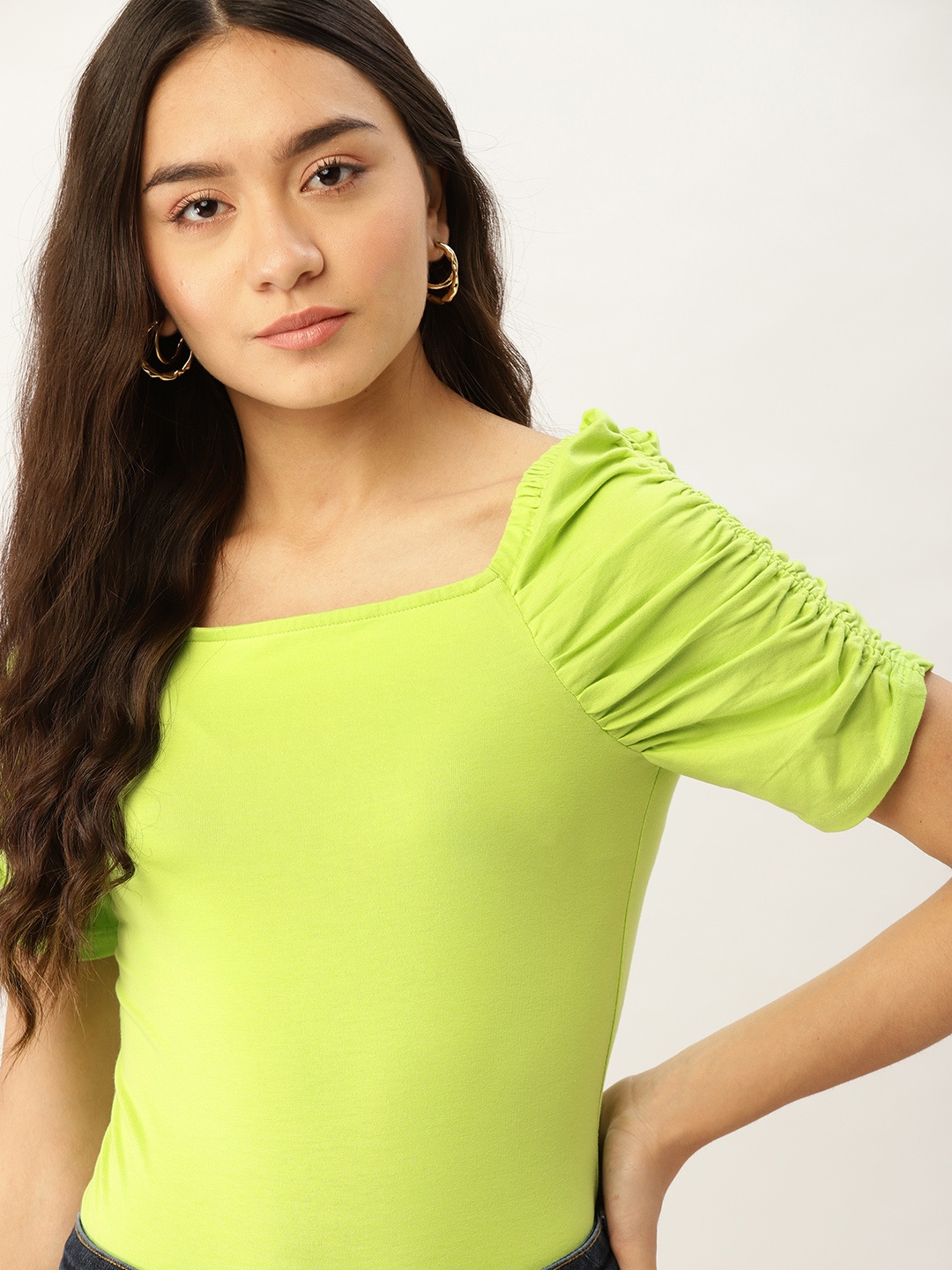 

DressBerry Green Pure Cotton Solid Fitted Top with Ruched Sleeves