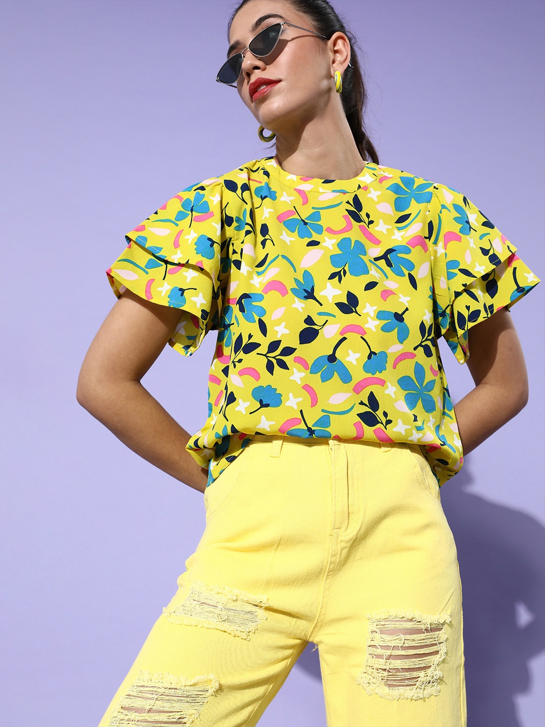 

DressBerry Women Attractive Lime Green Floral Vacay Attire Top