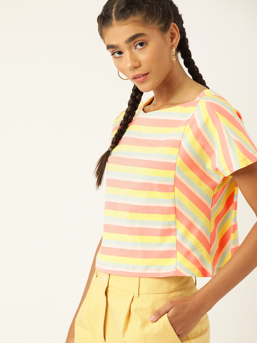 

DressBerry Yellow & Peach-Coloured Pure Cotton Striped Top