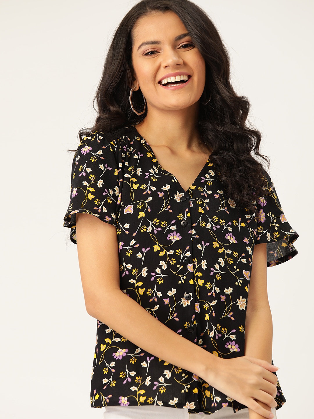 

DressBerry Black & Yellow EcoVero Sustainable Floral Regular Top
