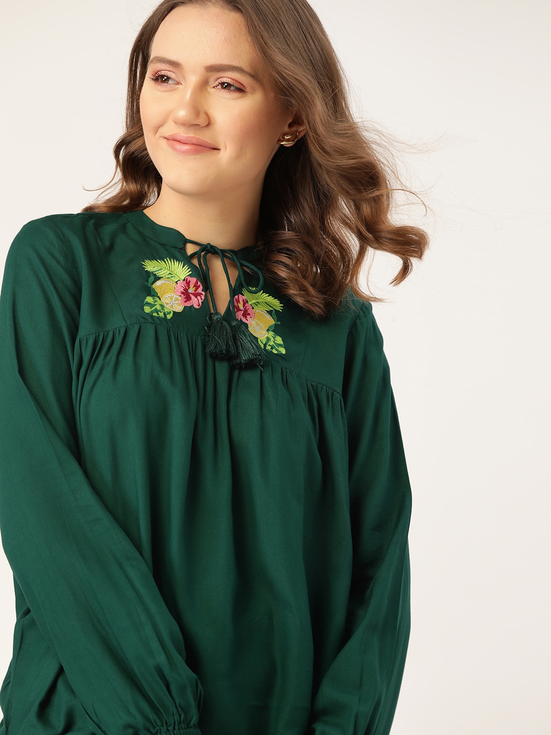 

DressBerry Women Green & Yellow Floral Embroidered Tie-Up Neck Regular Top