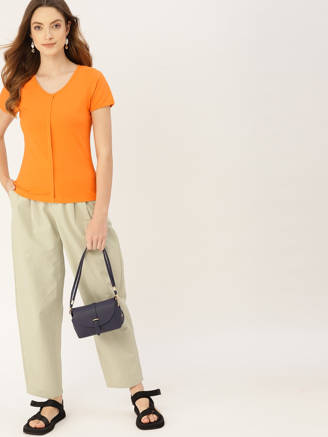 

DressBerry Orange Solid Cotton Regular Top