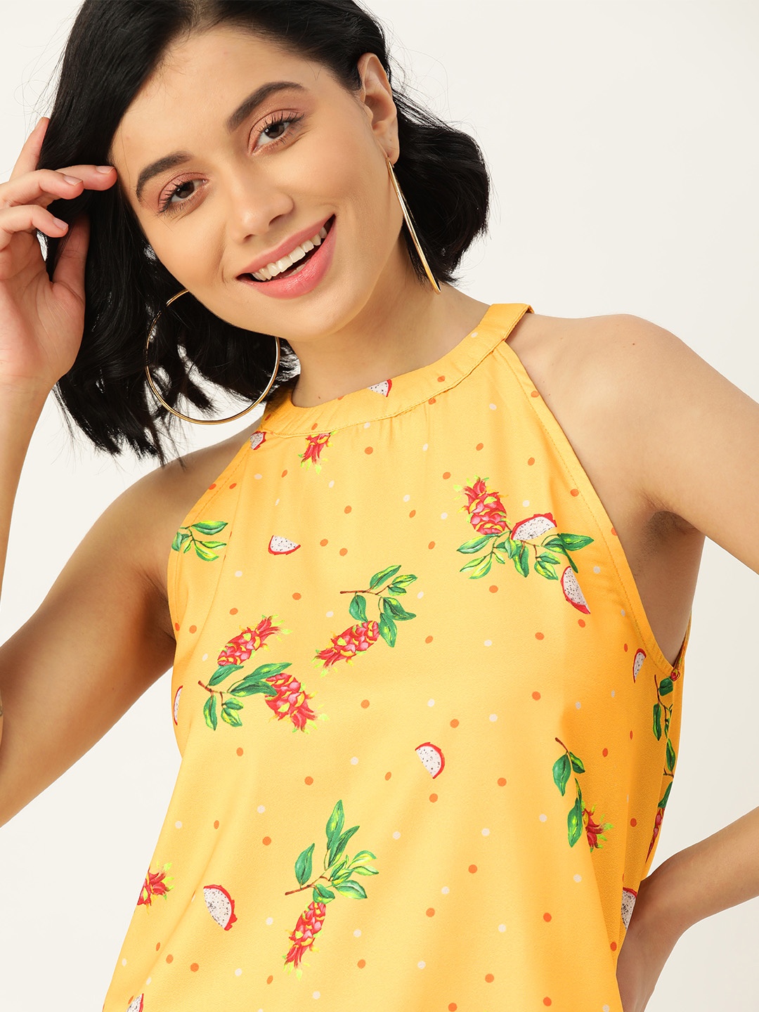 

DressBerry Yellow & Pink Printed Regular Top