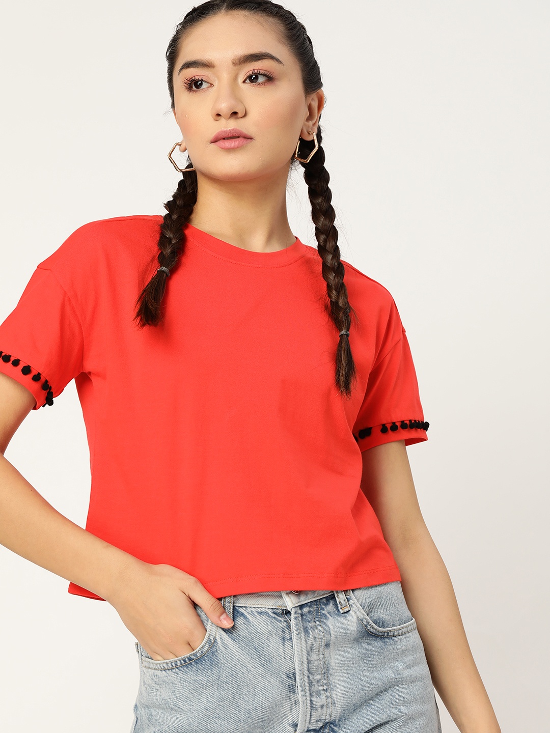 

DressBerry Women Red Solid Pure Cotton T-shirt