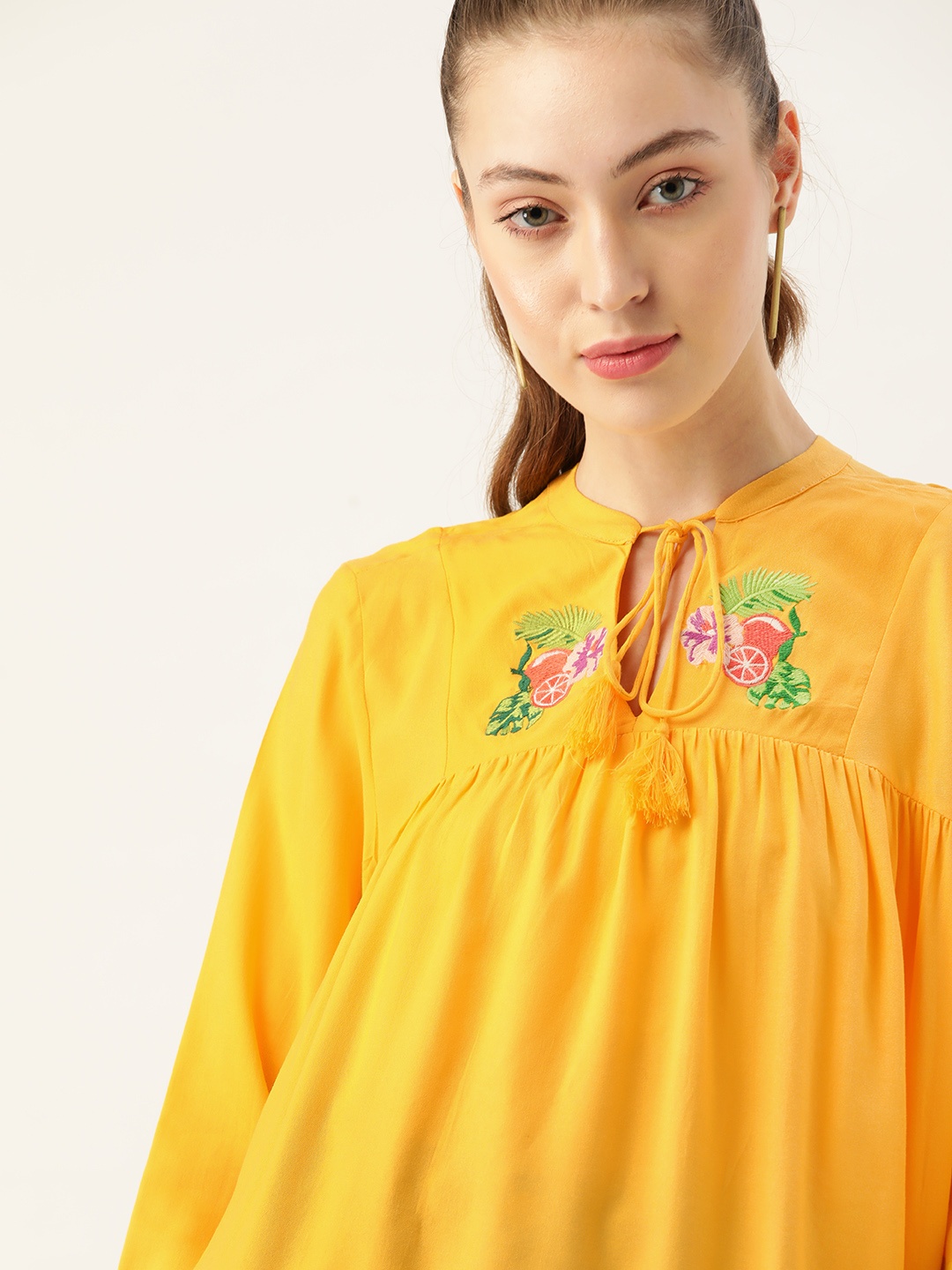 

DressBerry Yellow Sustainable ECOVERO Tie-Up Neck Empire Top