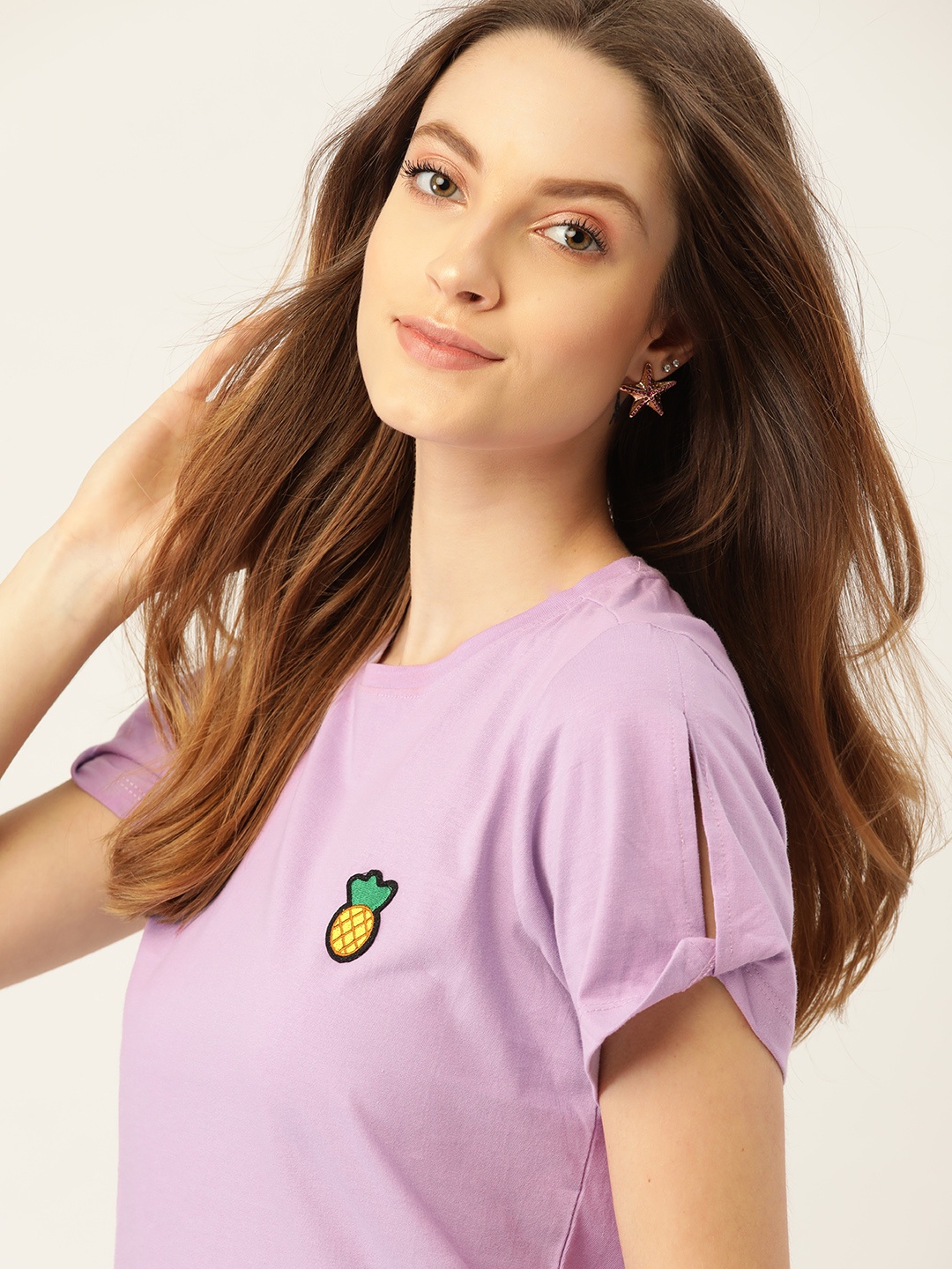 

DressBerry Women Lavender Pure Cotton Applique T-shirt
