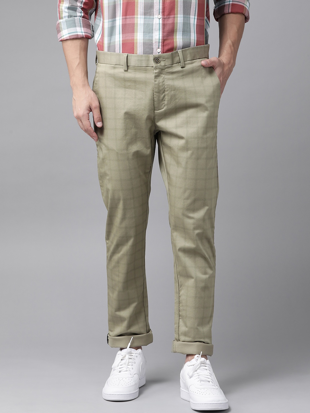 

Blackberrys Men Green B-95 Sharp Tapered Fit Checked Smart Casual Trousers