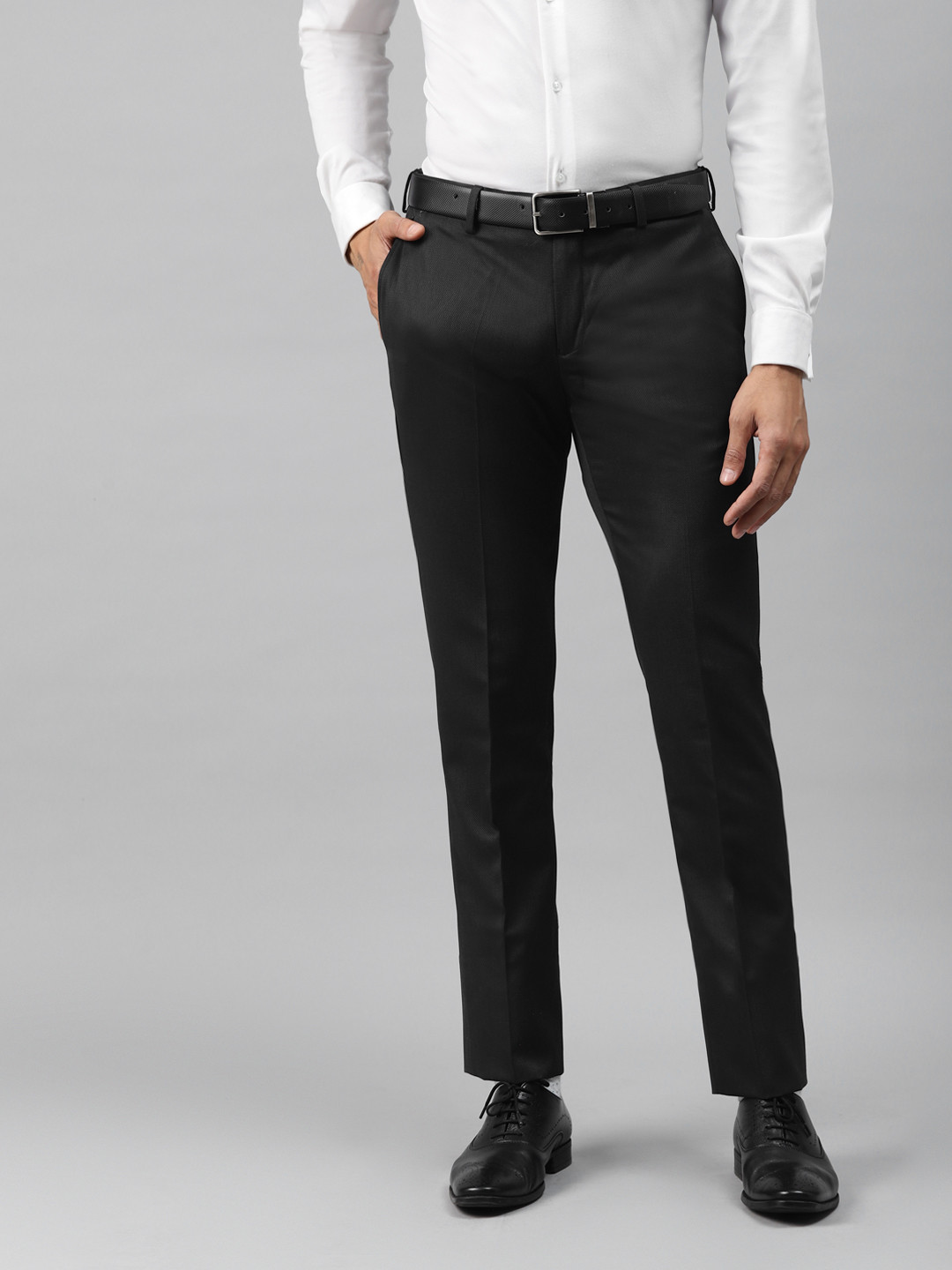 

Blackberrys Men Black Tapered Fit Self Design Formal Trousers