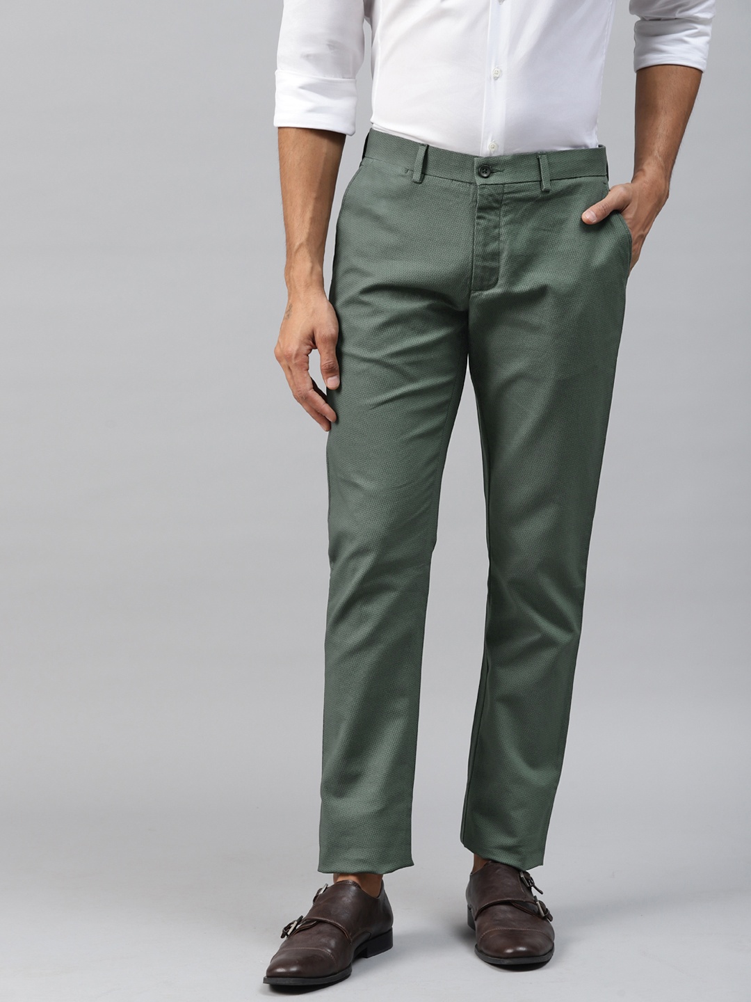 

Blackberrys Men Olive Green B-5P-A Skinny Fit Solid Formal Trousers