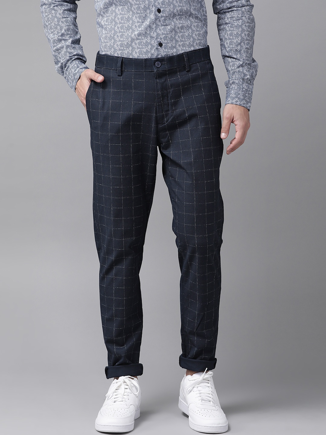

Blackberrys Men Navy Sharp B-81 Slim Fit Checked Smart Casual Trousers, Navy blue