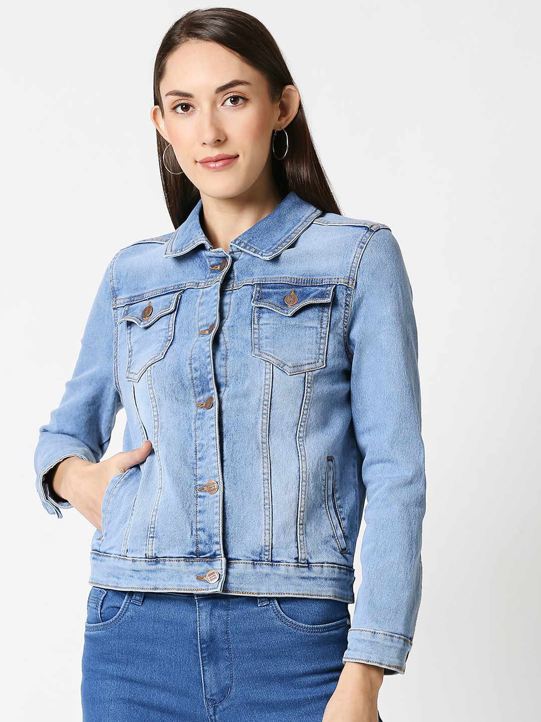 

High Star Women Blue Solid Stretchable Denim Jacket