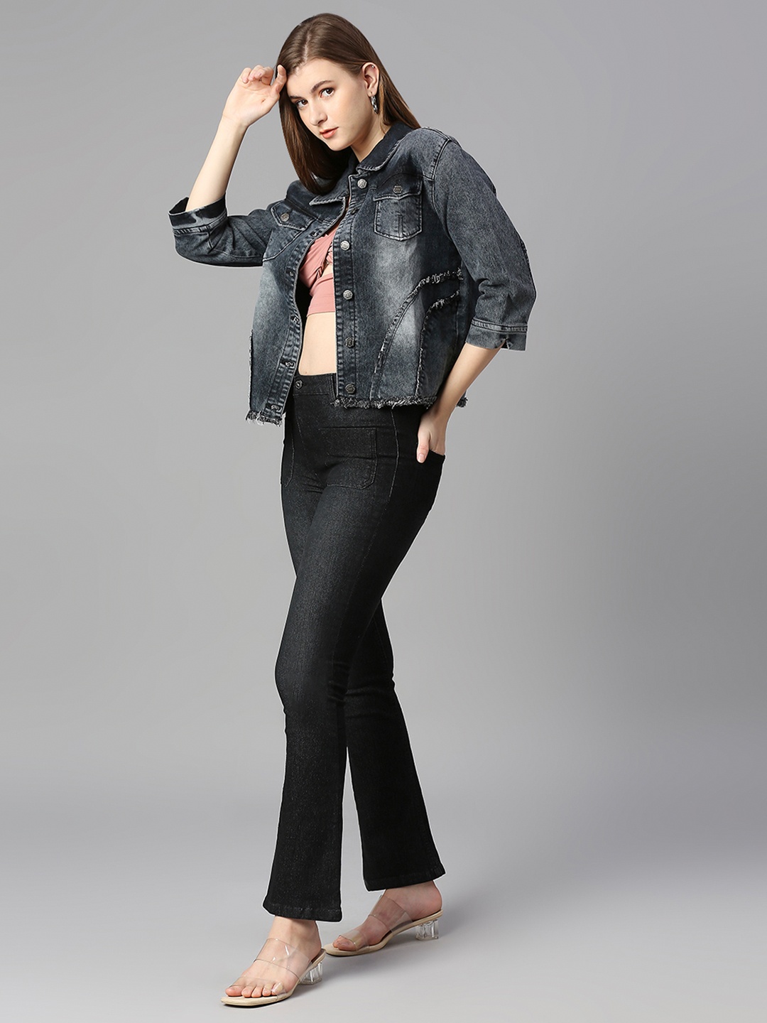 

High Star Women Black Solid Stretchable Denim Jacket