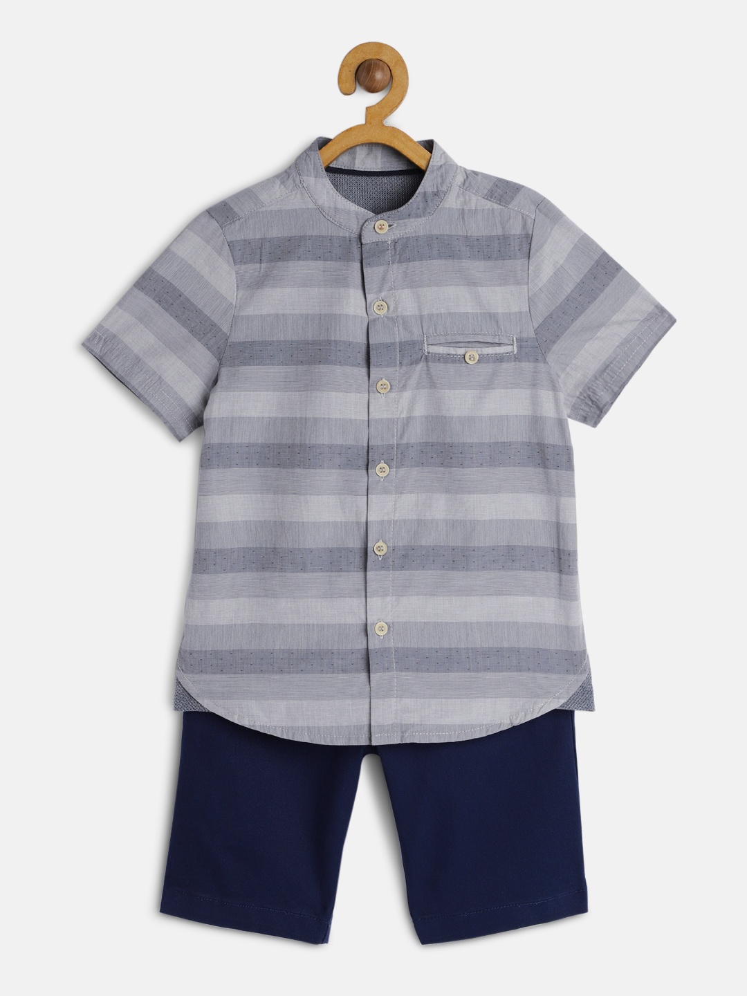 

mothercare Boys Navy Blue & Grey Striped Shirt with Shorts