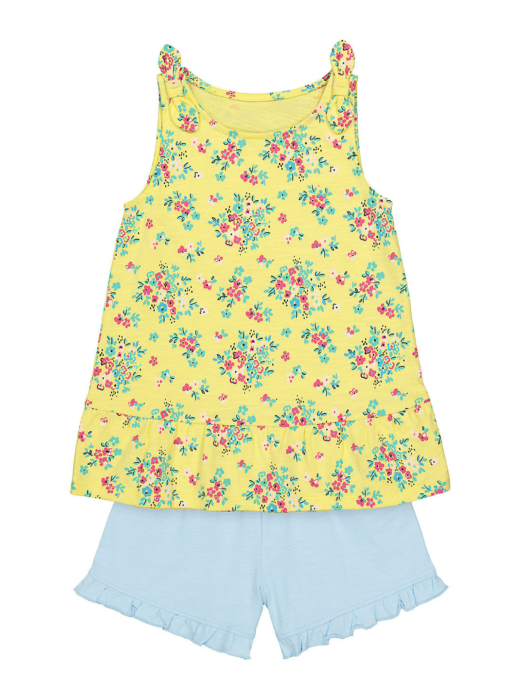 

mothercare Infant Girl Pure Cotton Yellow Printed Top with Blue Solid Shorts Clothing Set