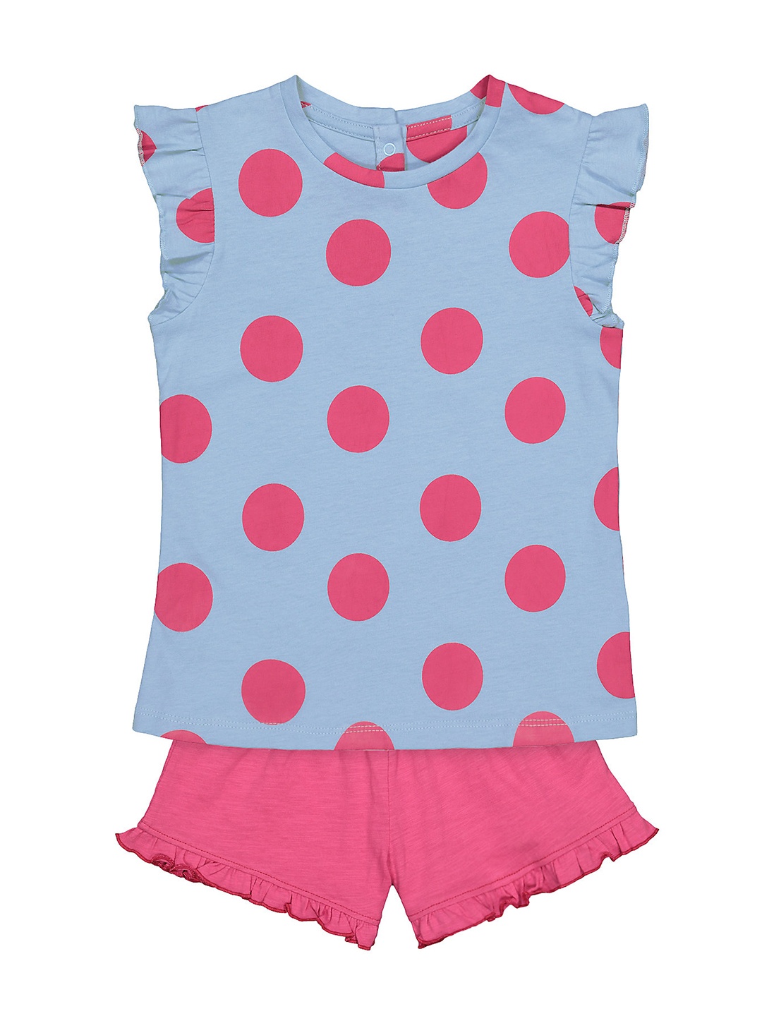 

mothercare Infant Girl Pure Cotton Blue Polka Dot Printed Top & Pink Solid Shorts Set