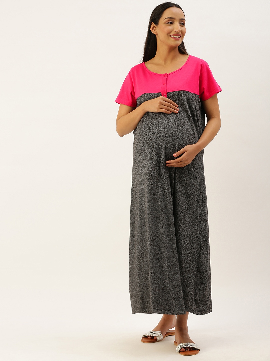 

Nejo Women Charcoal Grey & Fuchsia Colourblocked Maxi A-Line Maternity Dress