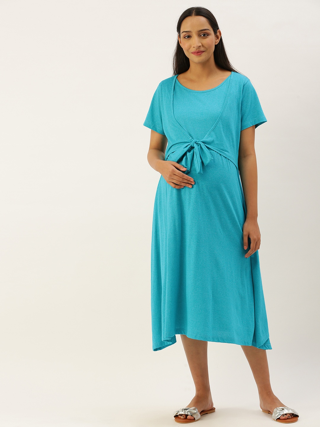 

Nejo Women Turquoise Blue Solid Layered Maternity Midi A-Line Dress with Tie Ups