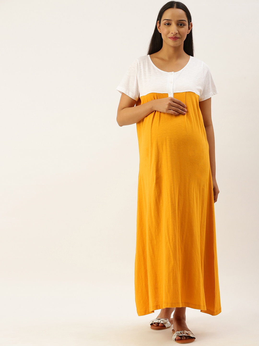 

Nejo Women Mustard Yellow & White Colourblocked Pure Cotton Maternity Maxi A-Line Dress
