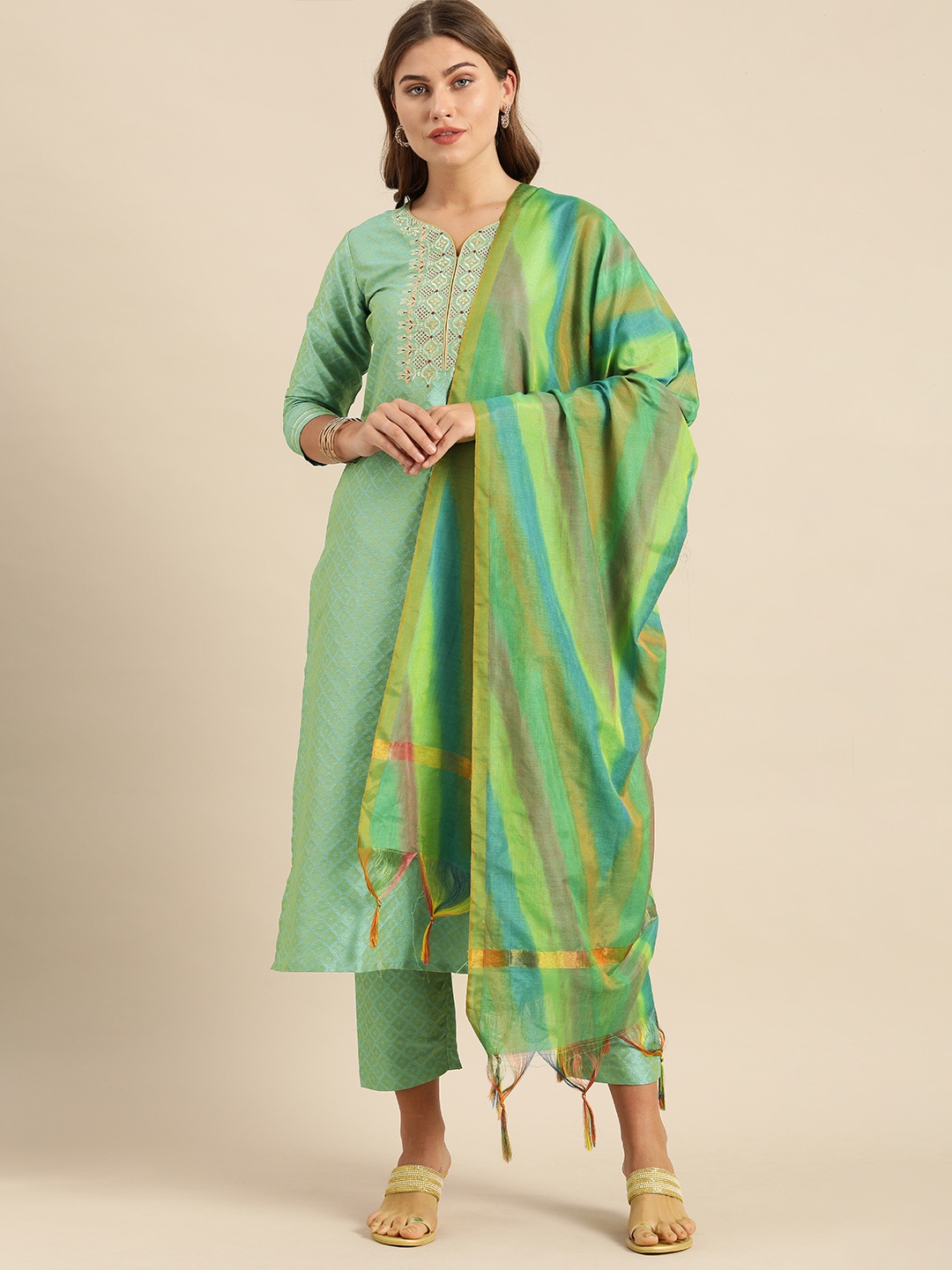 

Varanga Women Sea Green & Gold-Toned Embroidered Kurta with Trousers & Dupatta