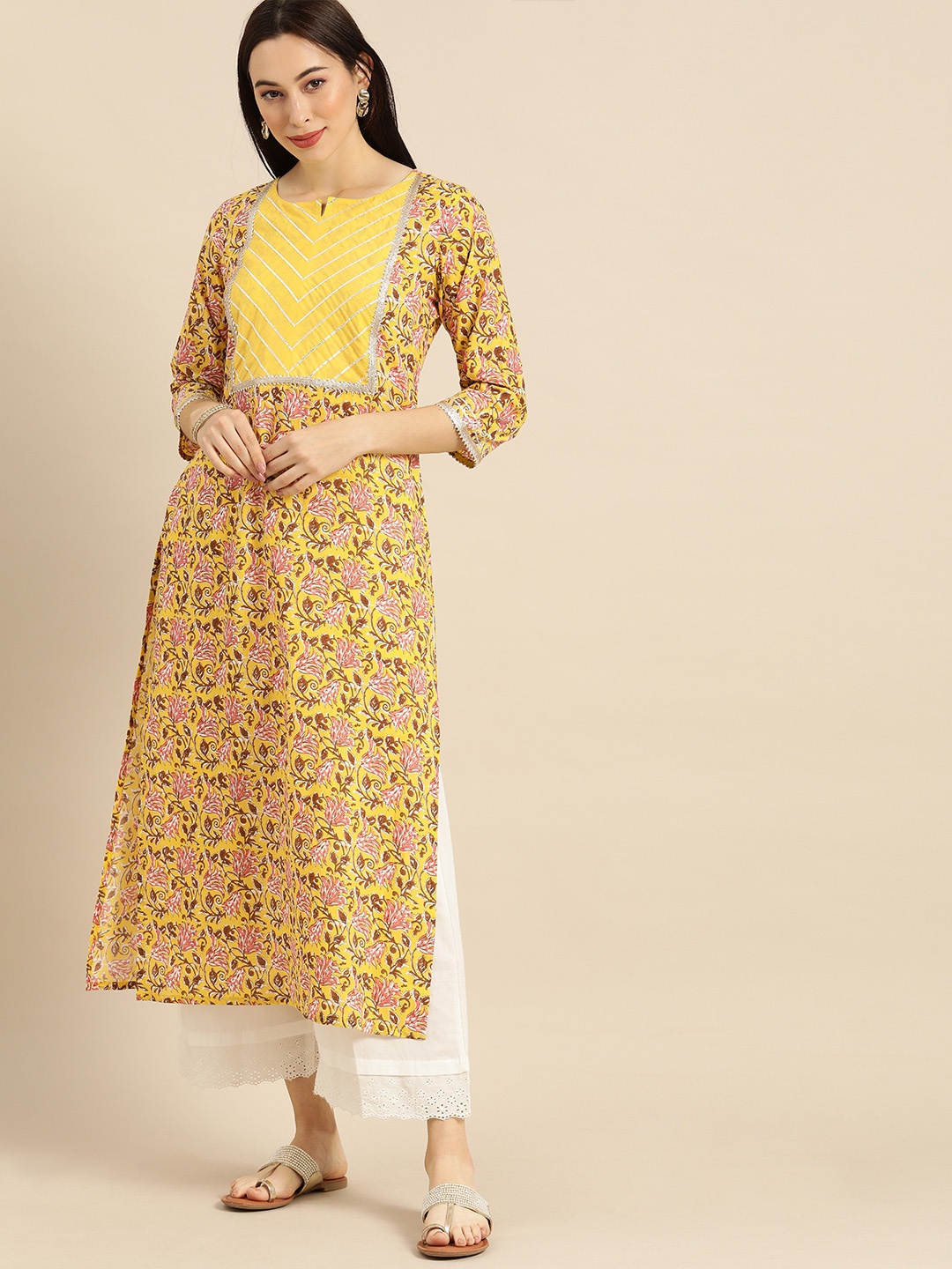 Varanga Women Mustard Yellow & Pink Floral Printed Kurta