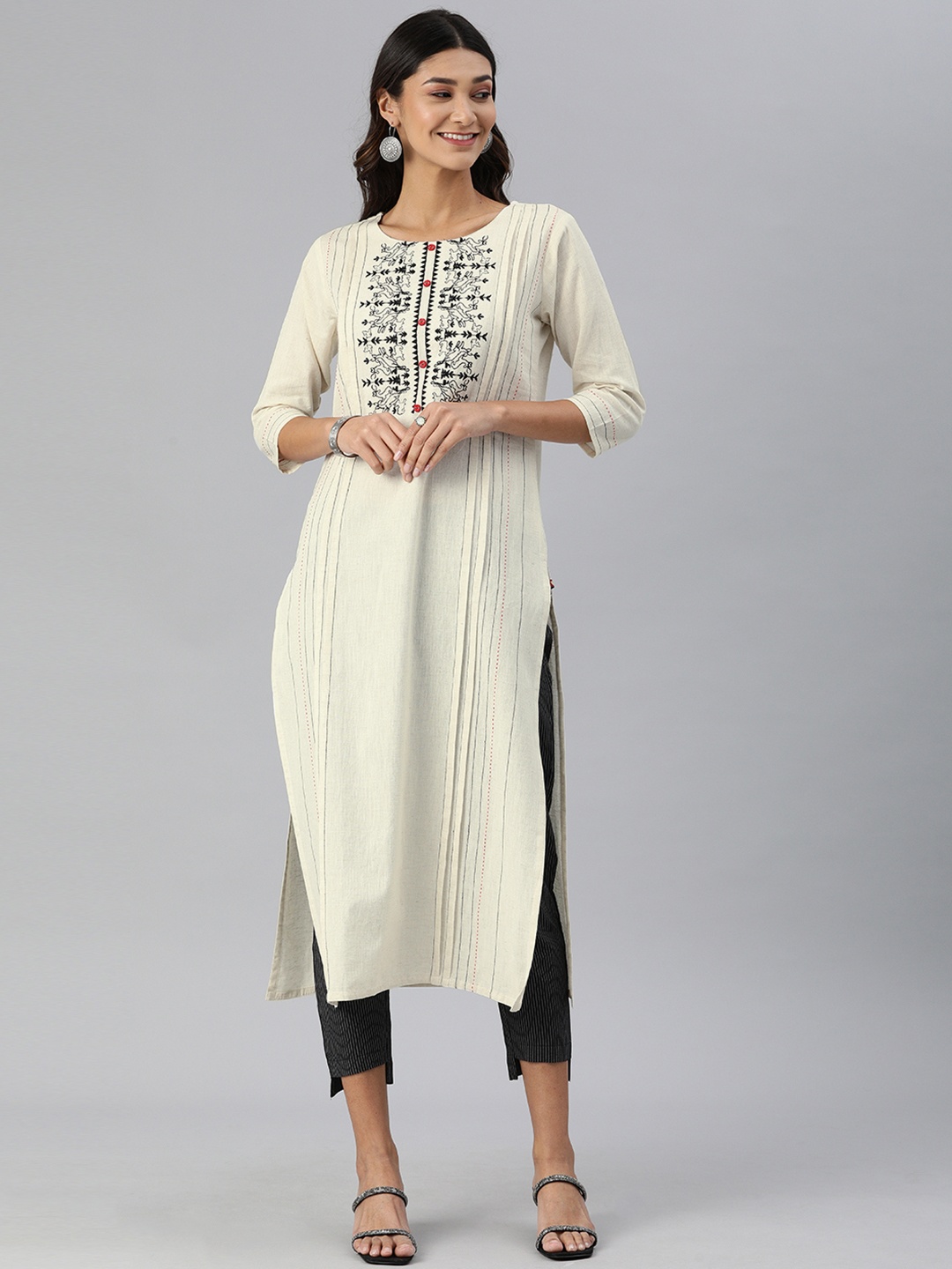 

KSUT Women Cream-Coloured & Black Embroidered Kurta with Trousers