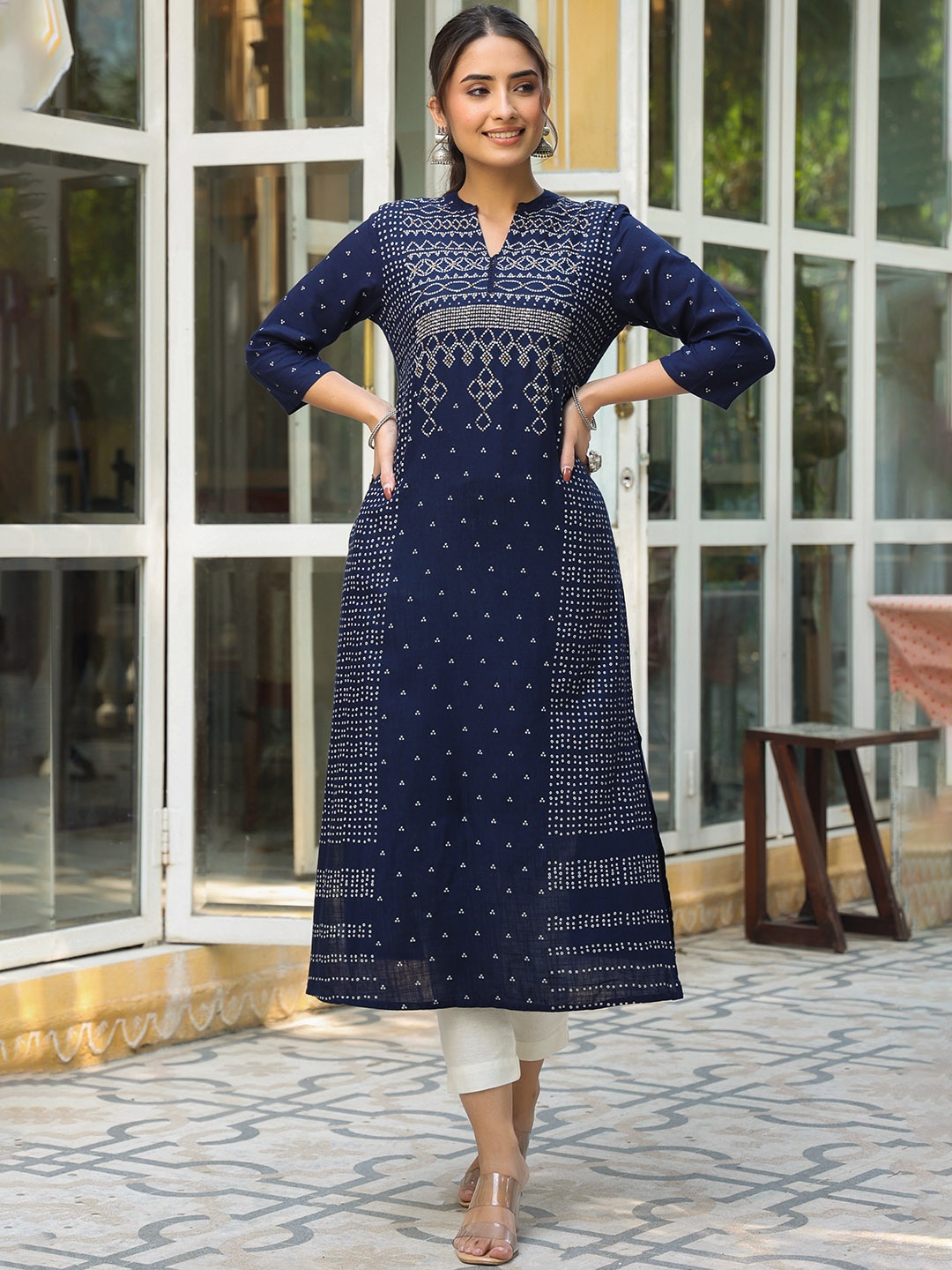 

Juniper Women Navy Blue Bandhani Print Kurta