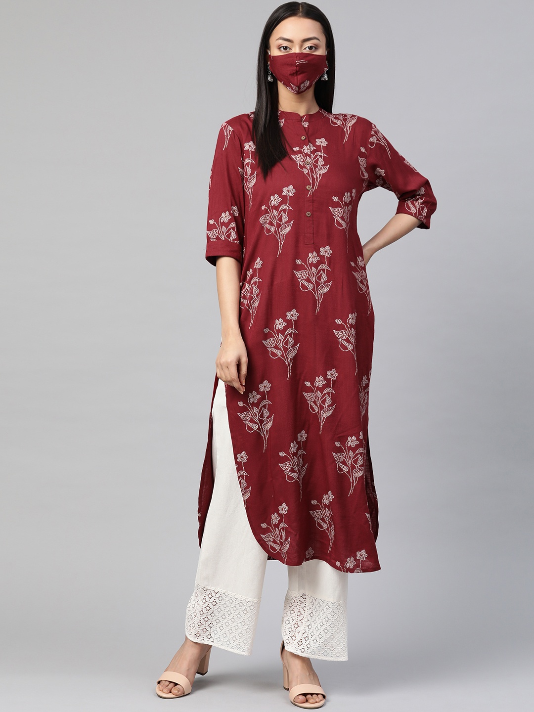 

Juniper Women Maroon Off-White Bandhani Printed Liva Kurta