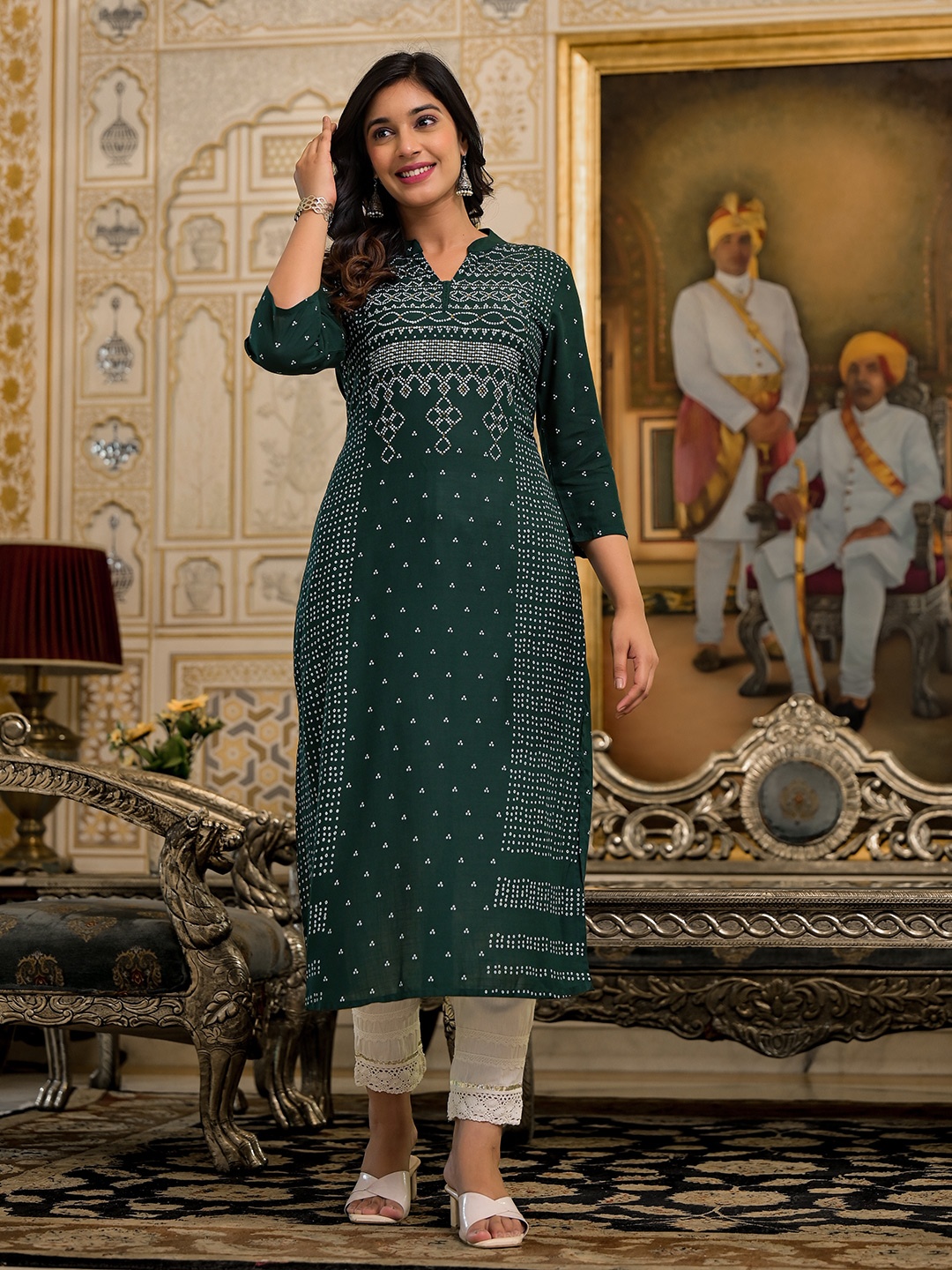 

Juniper Women Green White Bandhani Printed Liva A-Line Kurta