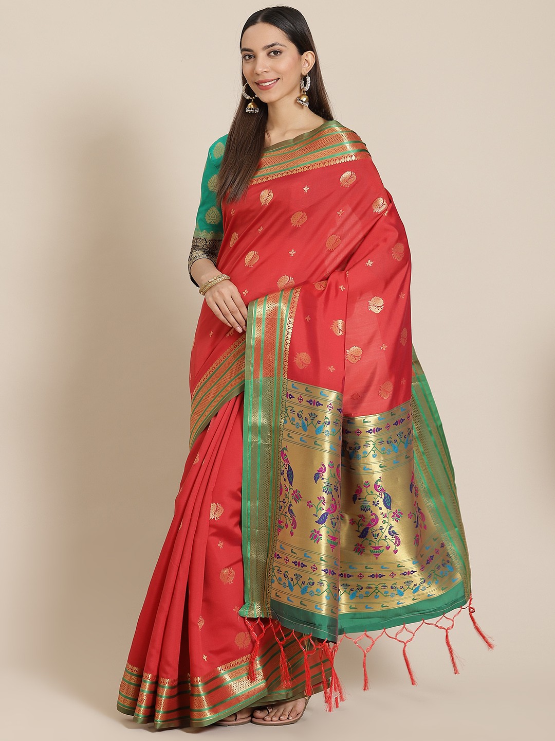 

SHANGRILA Red & Golden Zari Woven Design Paithani Saree