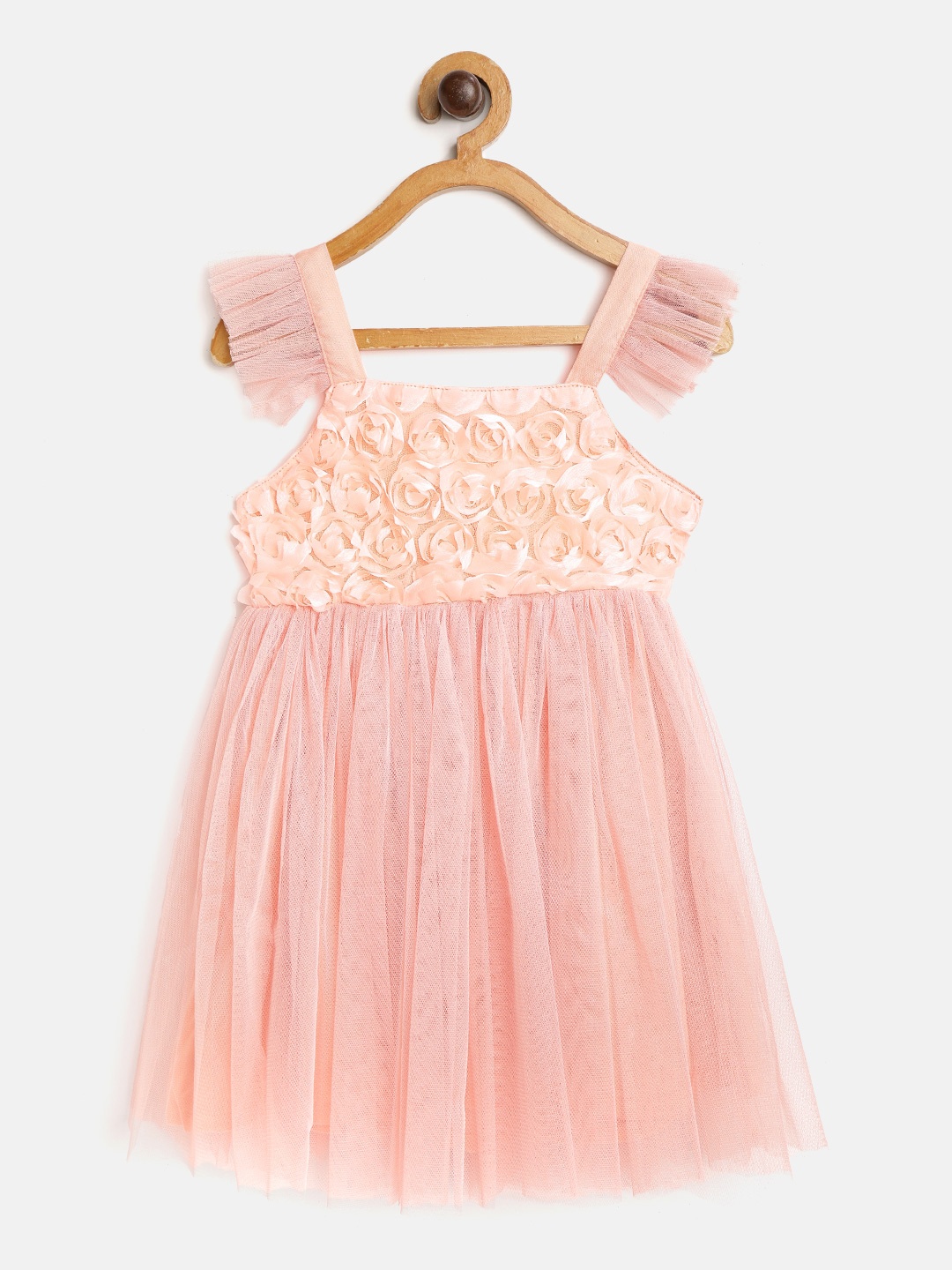 

Bella Moda Girls Peach-Coloured Floral Embellished Fit and Flare Dress with Tie-Ups