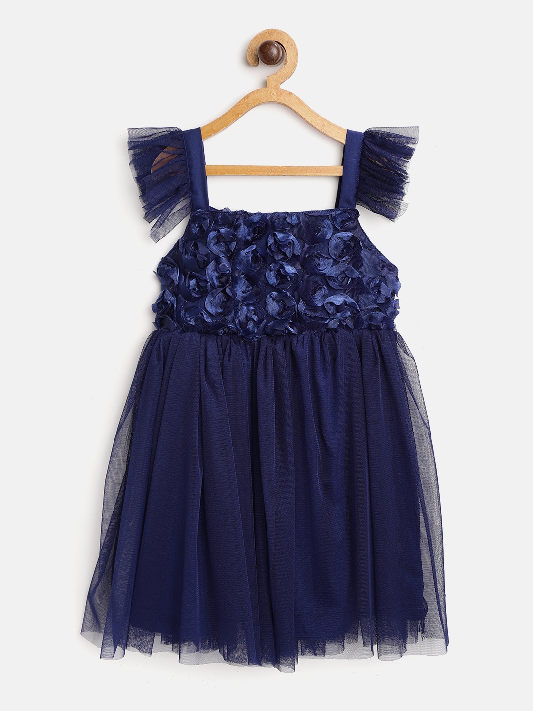 

Bella Moda Girls Navy Blue Floral Embellished Fit and Flare Dress with Tie-Ups