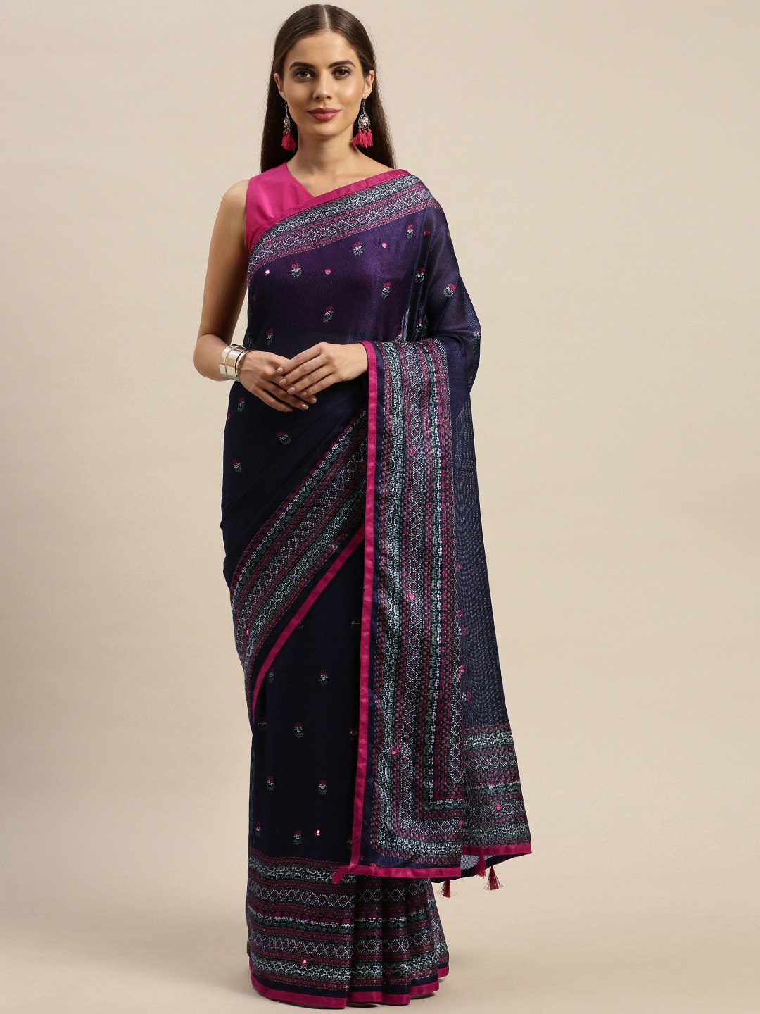 

Rajnandini Navy Blue & Pink Jute Silk Embellished Patola Saree