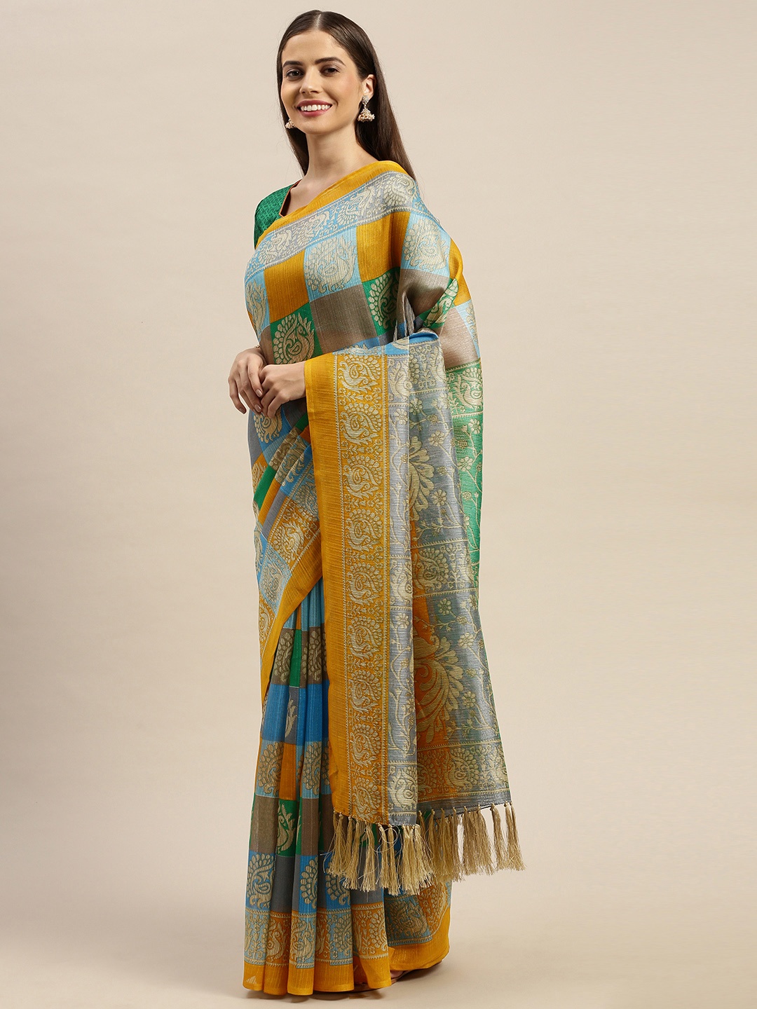 

Rajnandini Mustard Yellow & Green Printed Saree