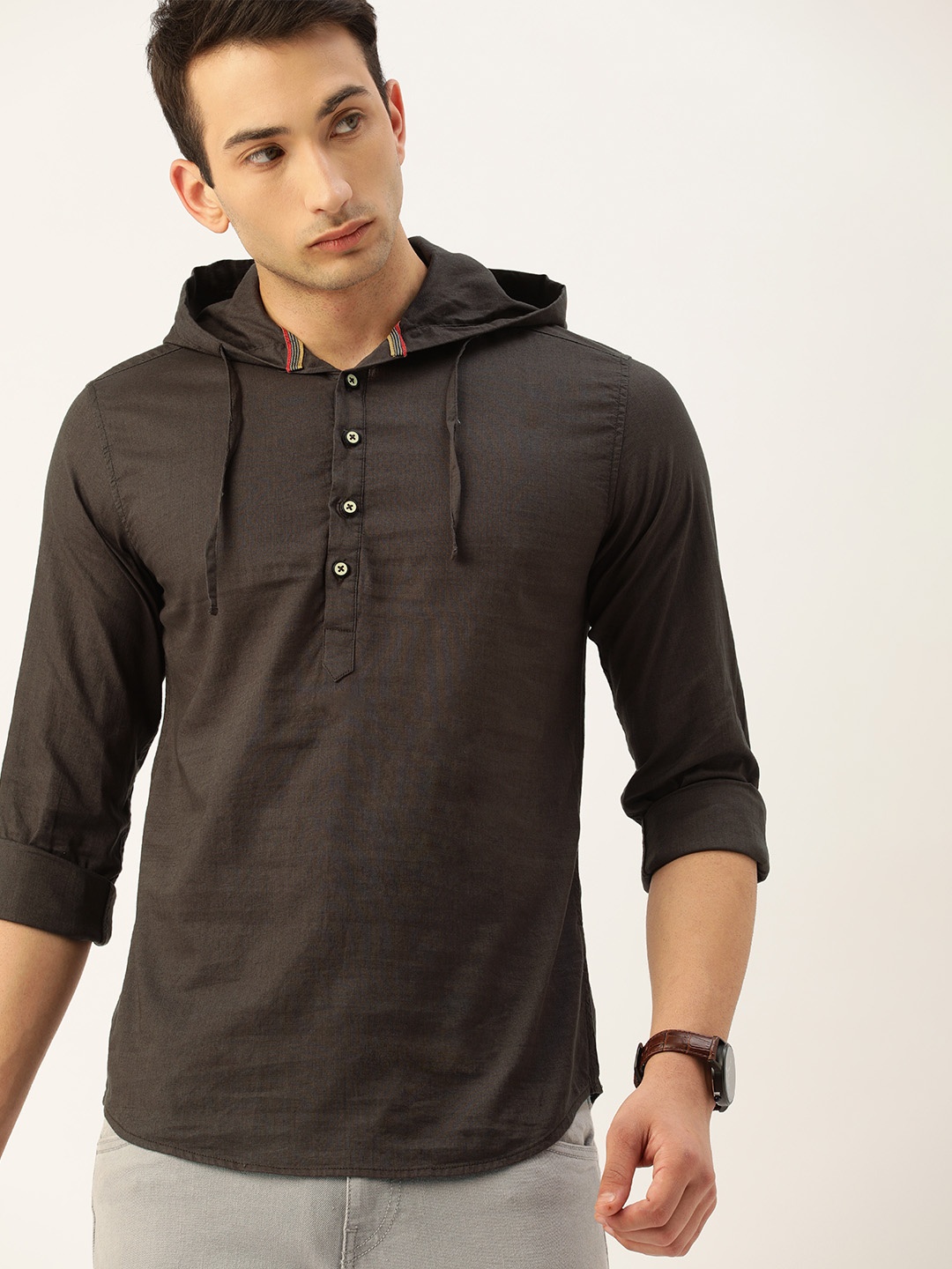 

The Indian Garage Co Men Charcoal Grey Slim Fit Solid Casual Hooded Shirt