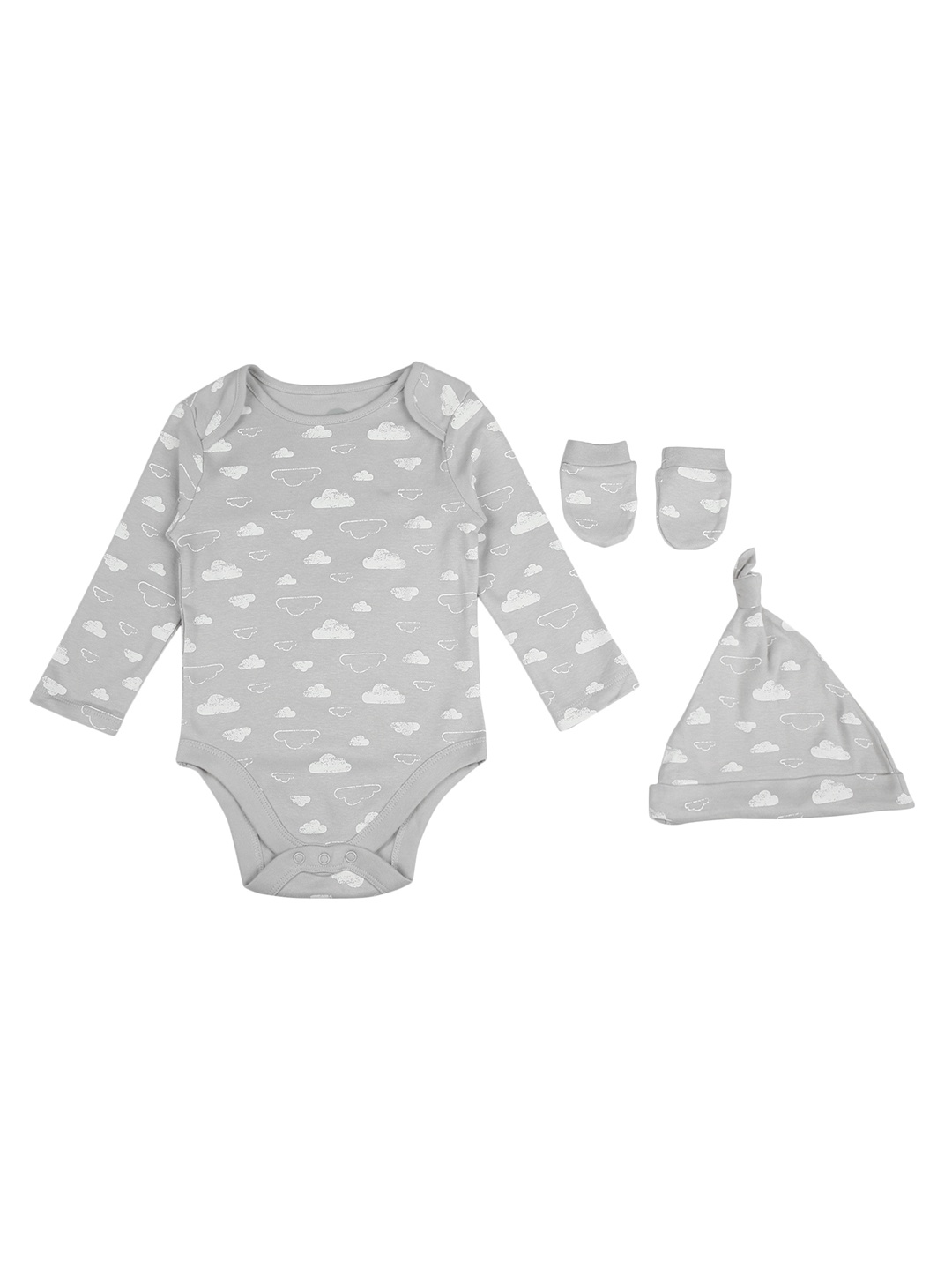 

mothercare Infant Grey Cloud Printed Pure Cotton Bodysuit + 2 Mittens + Cap