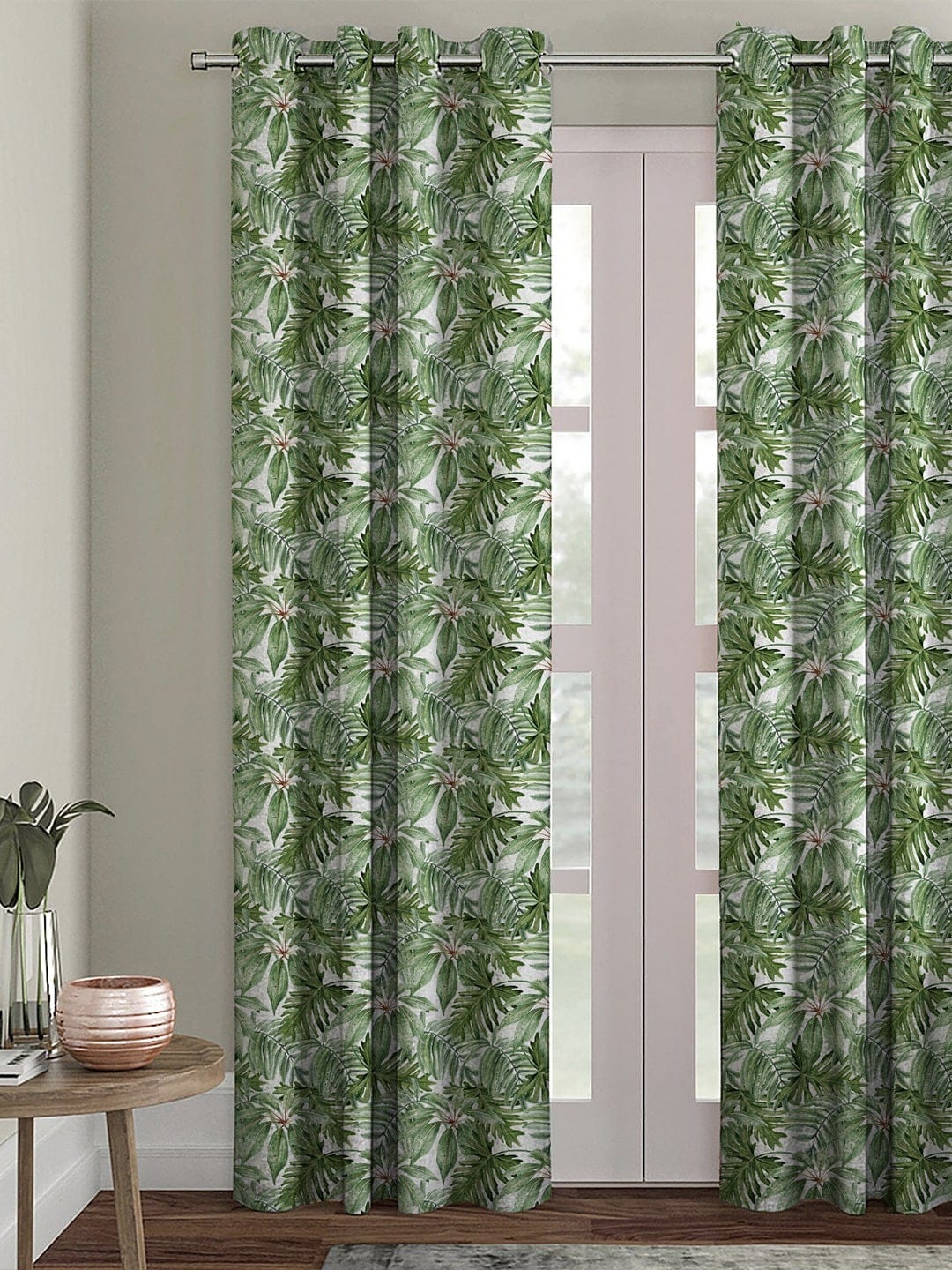 

HOUZZCODE Green & White Floral Printed Single Black Out Door Curtain