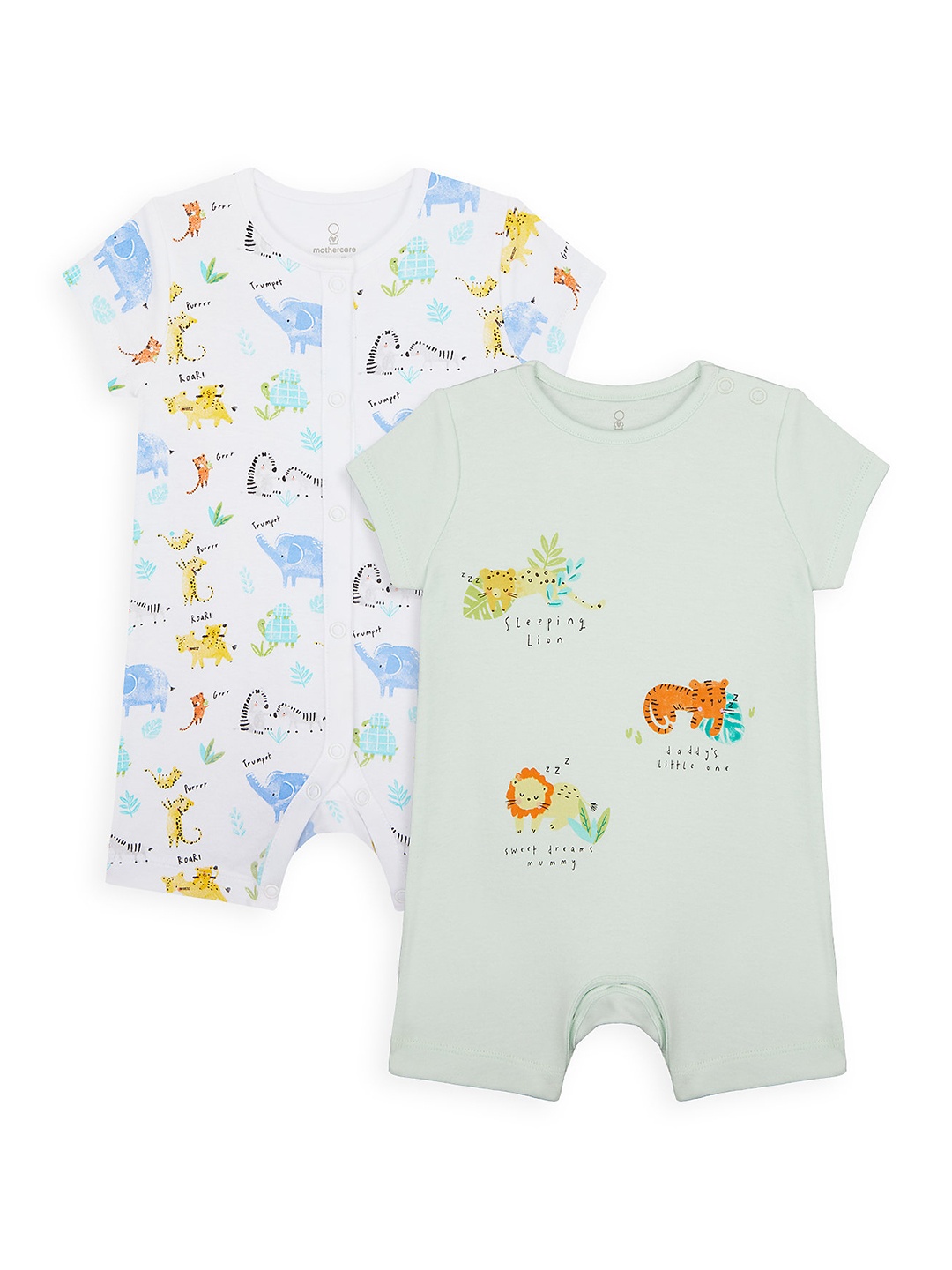 

mothercare Infant Set of 2 White & Green Printed Half Sleeves Pure Cotton Rompers