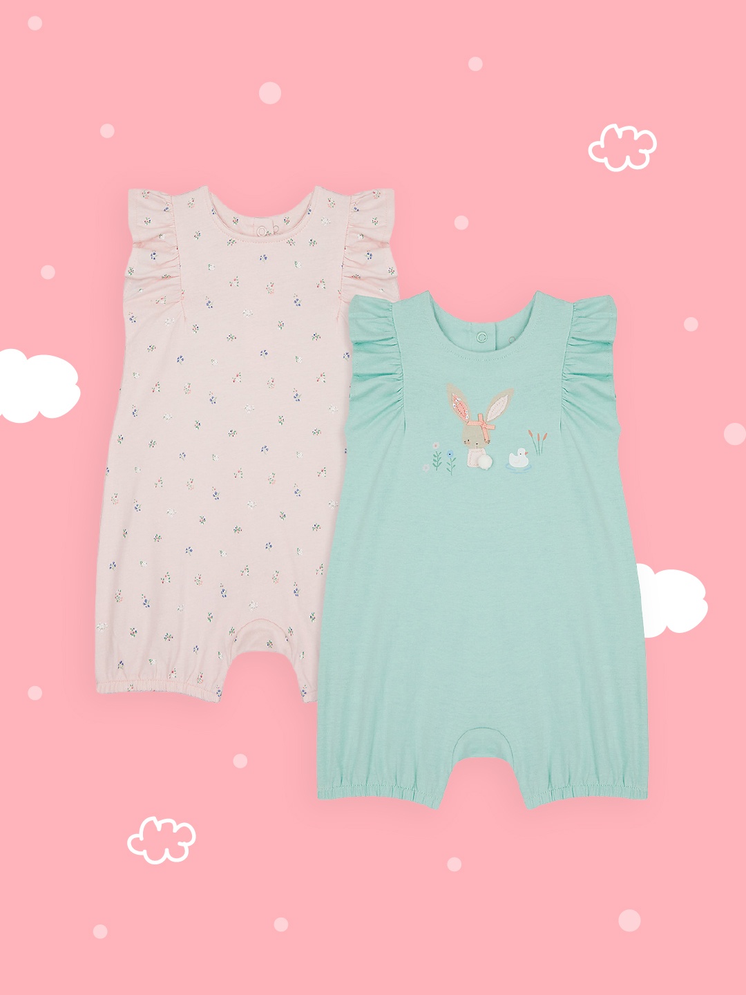 

mothercare Infant Girls Pack of 2 Green & Pink Printed Rompers