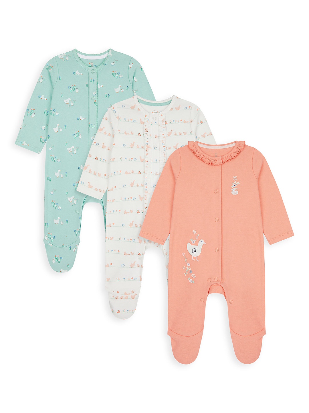 

mothercare Infant Girls Orange White & Mint Green Set of 3 Pure Cotton Sleepsuits