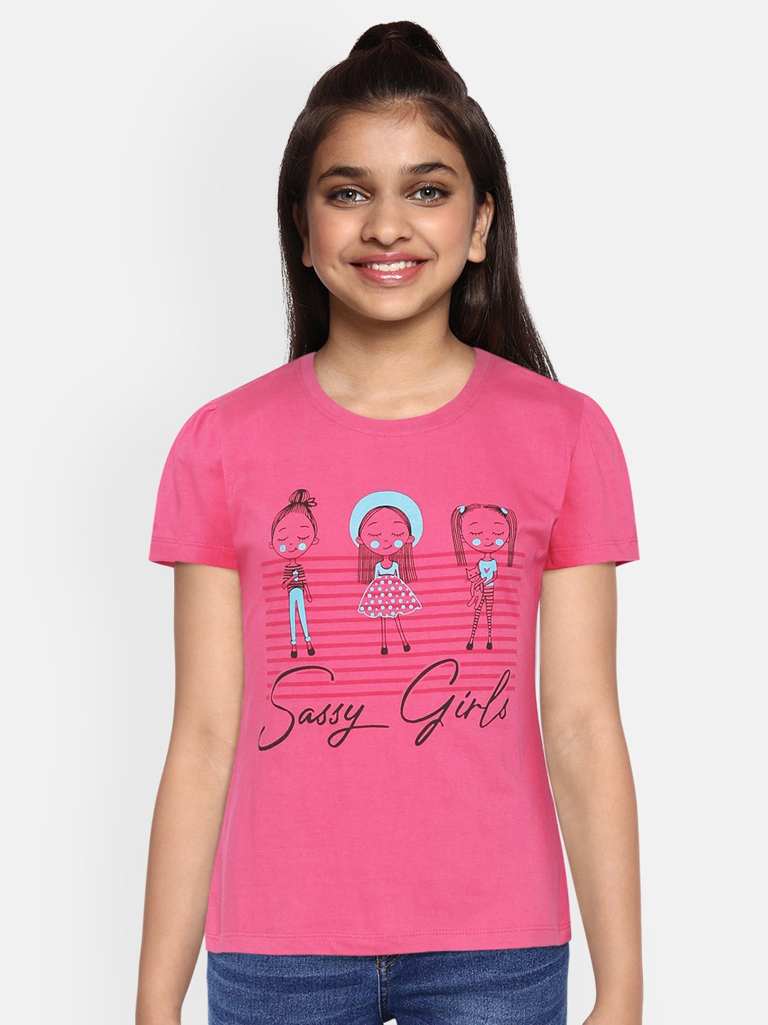 

YK Girls Pink & Blue Puff Sleeve Graphic Print Pure Cotton Regular Top