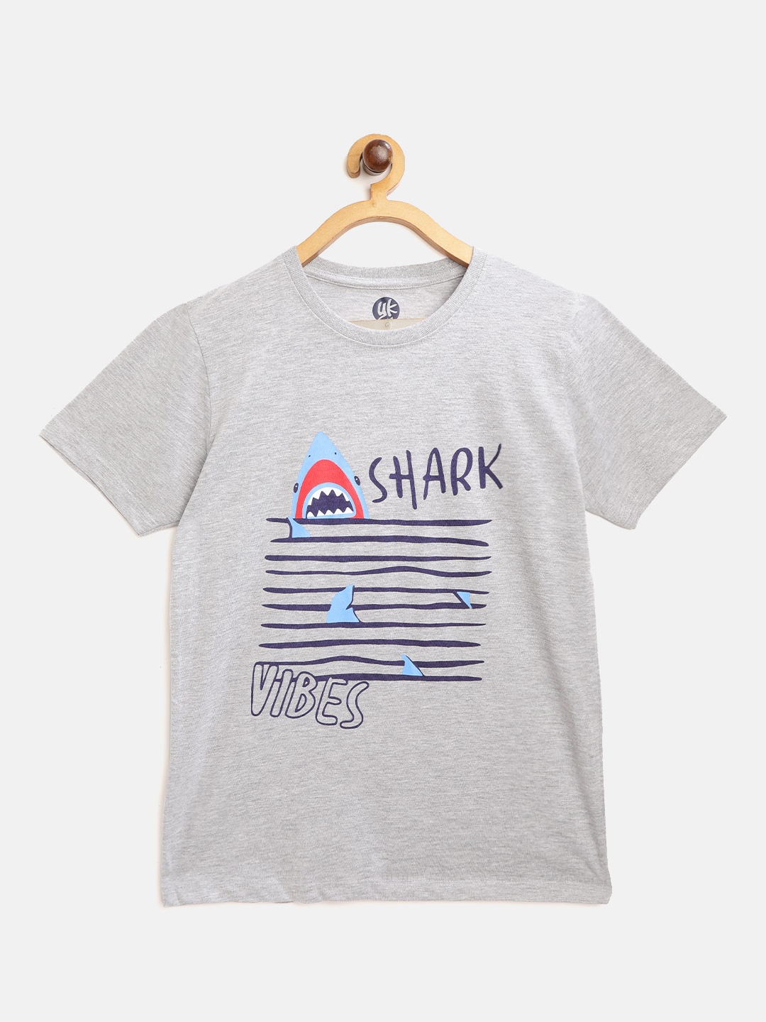 

YK Boys Grey Melange & Blue Printed Cotton Round Neck T-shirt
