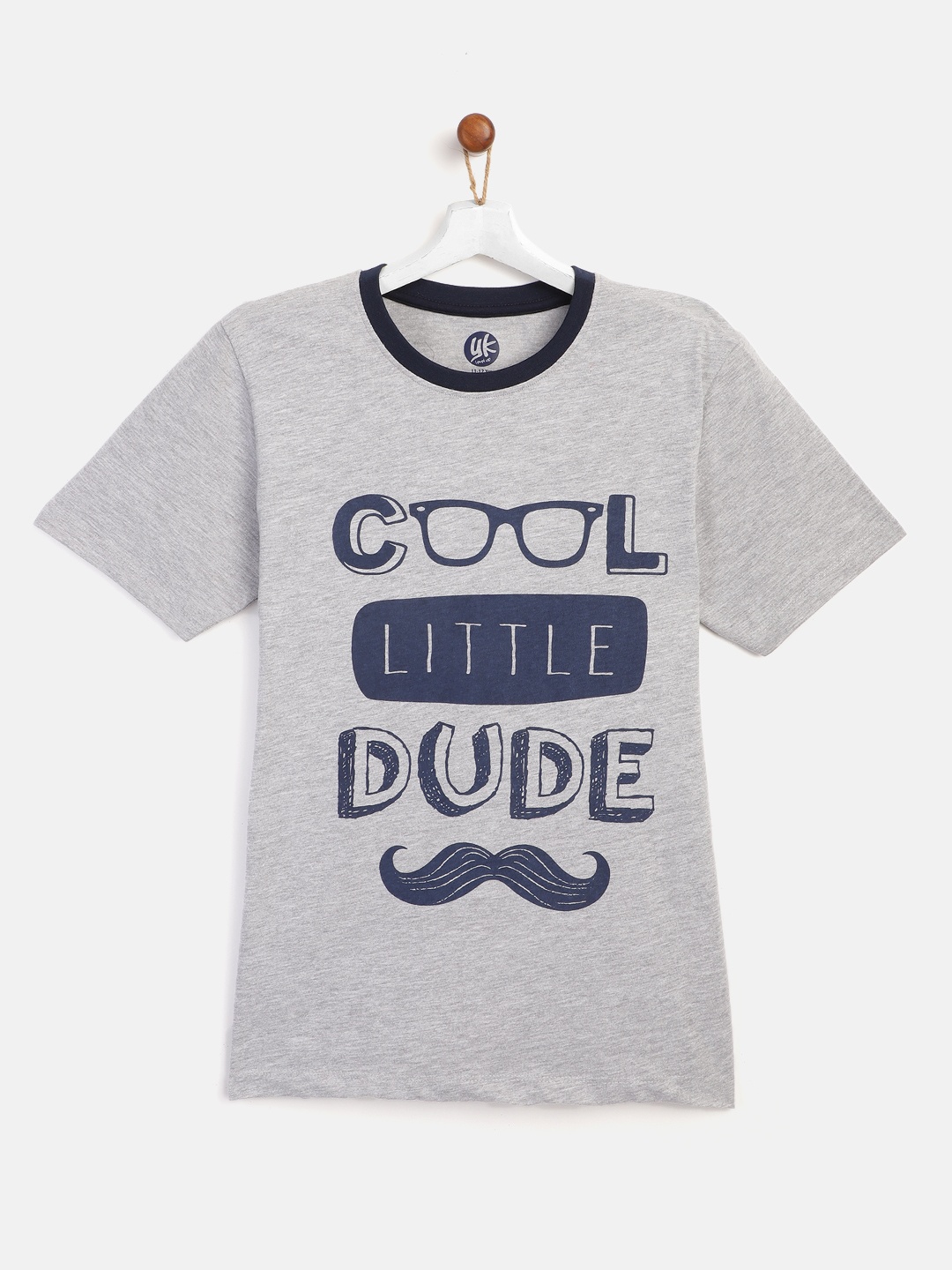 

YK Boys Grey Melange Navy Blue Slogan Print Round Neck Pure Cotton T-shirt