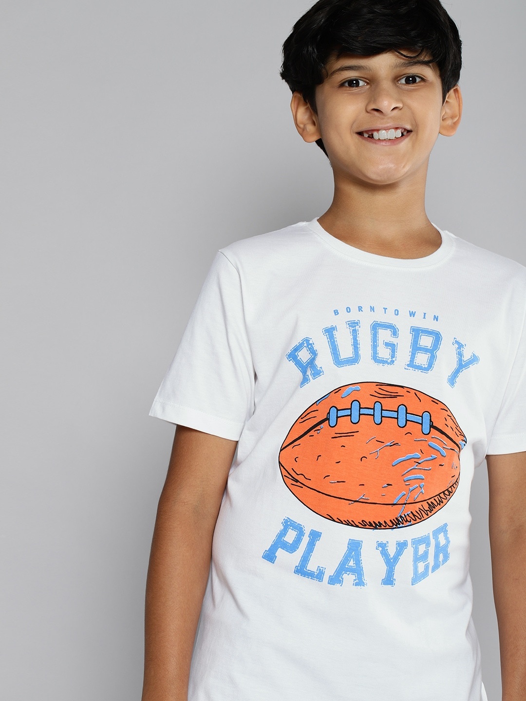 

YK Boys White Orange Pure Cotton Printed Round Neck Pure Cotton T-shirt