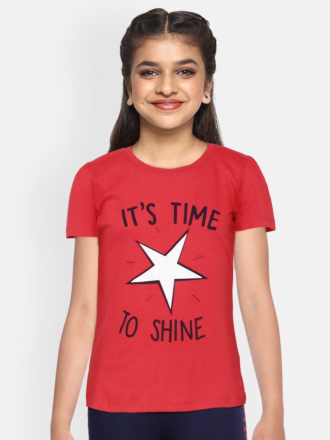 

YK Girls Red & Navy Blue Puff Sleeve Typography Print Pure Cotton Regular Top