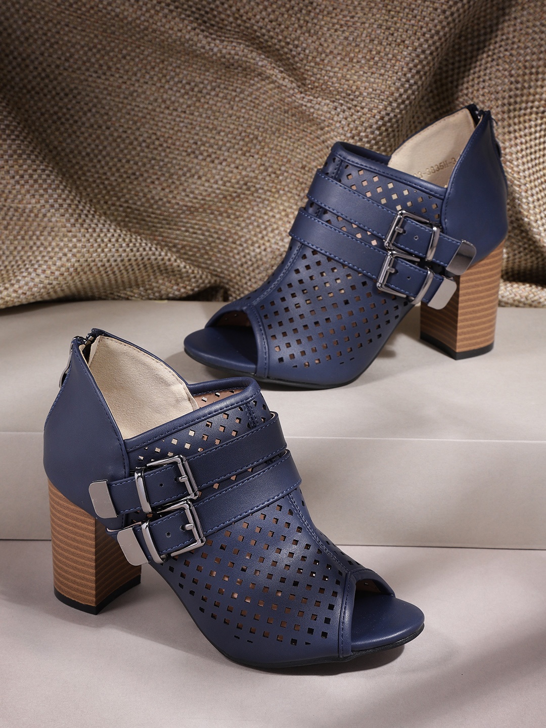 

The Roadster Lifestyle Co Women Navy Blue Laser Cuts Peep Toes with Buckle Detail