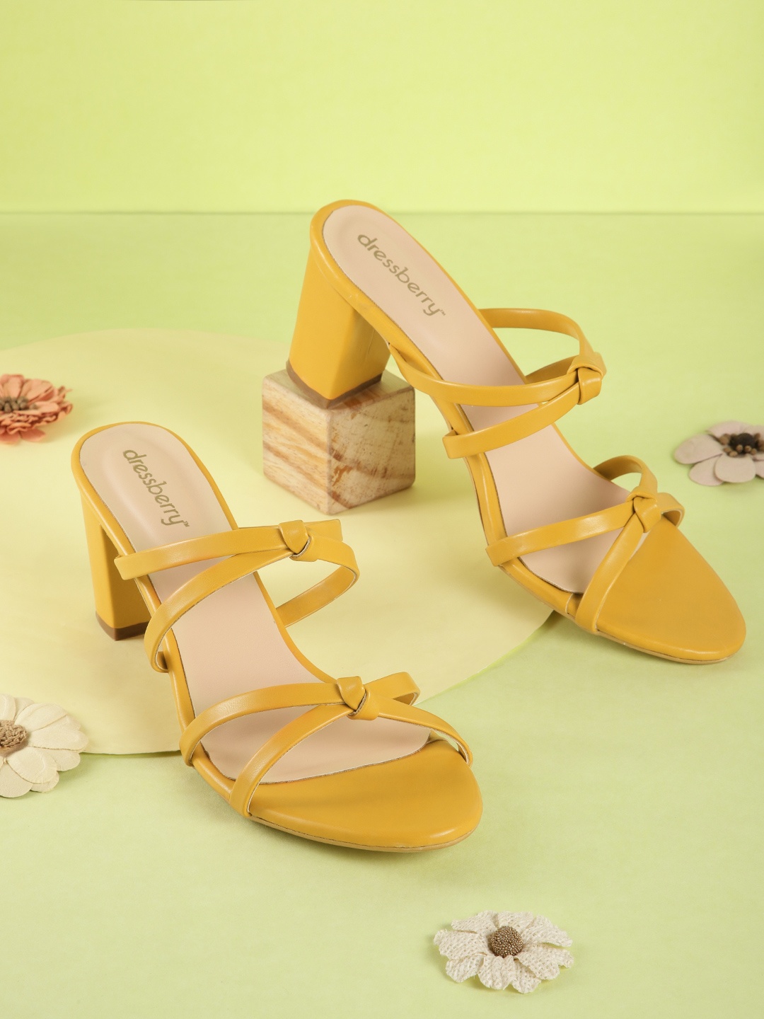 

DressBerry Women Mustard Yellow Strappy Heels with Knot Detail