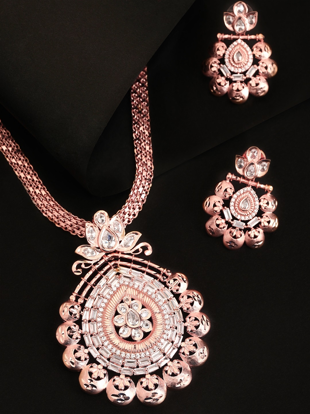 

Rubans Rose Gold-Plated & White CZ-Studded Handcrafted Statement Jewellery Set
